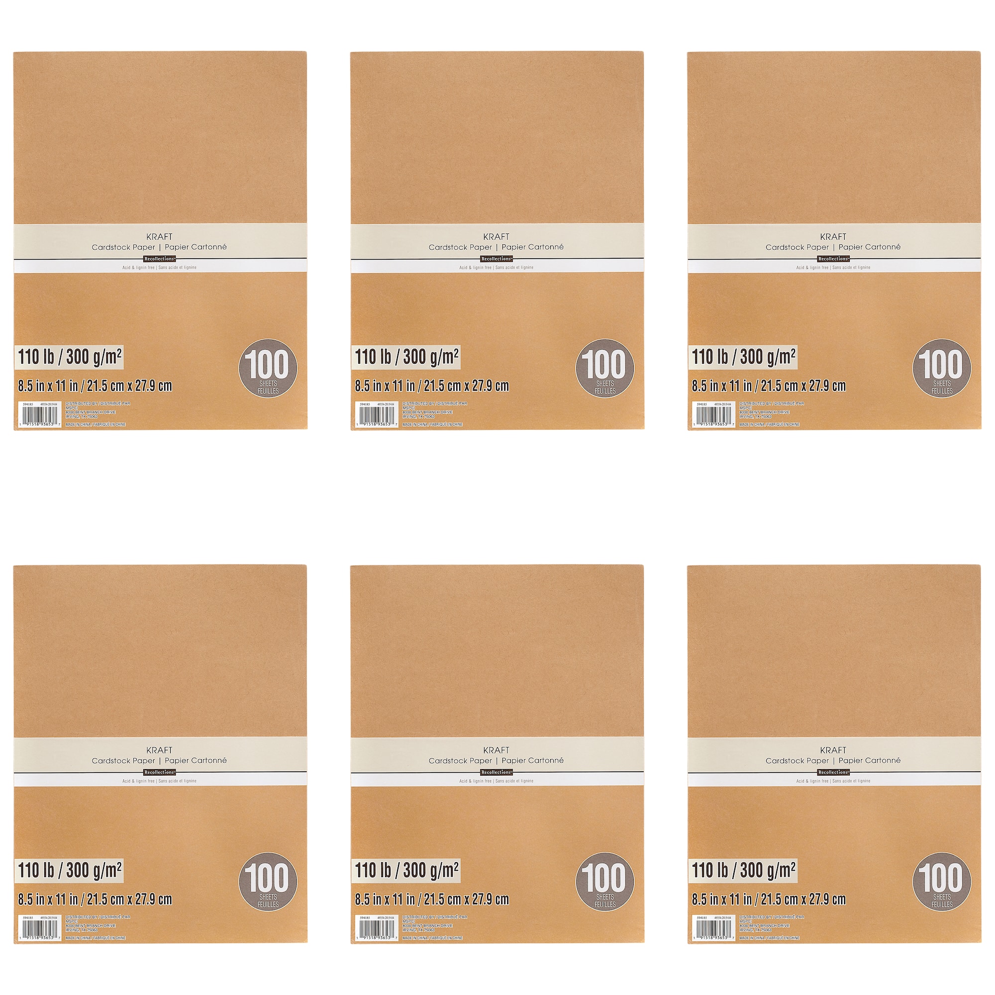 6 Packs: 100 ct. (600 total) Kraft 8.5" x 11" Cardstock Paper by Recollections™